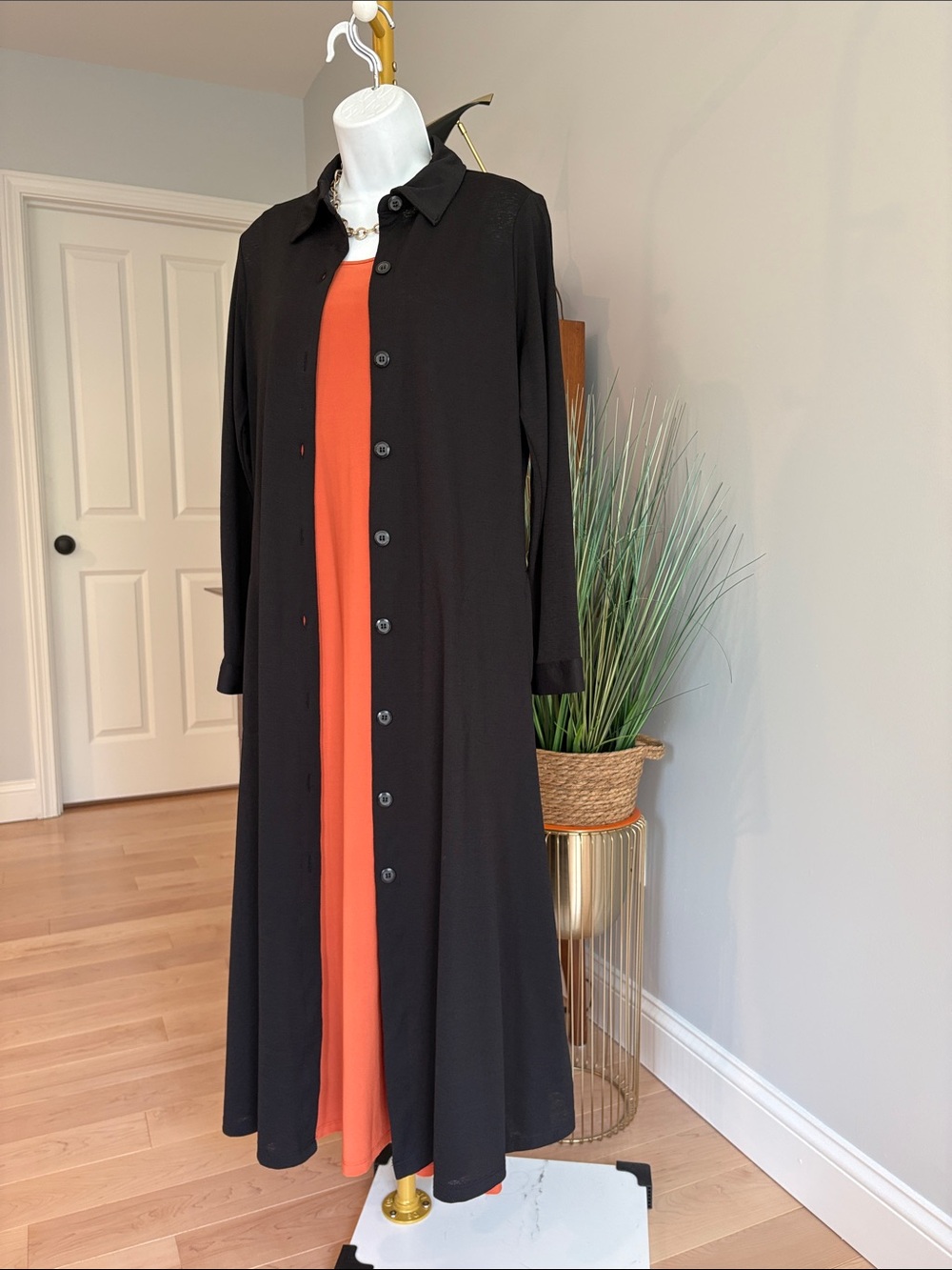Attitudes by Renee Black Button-Front Duster with Orange Tank Maxi Dress